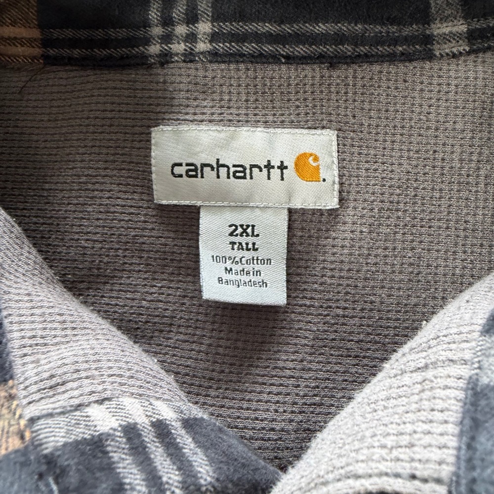 Carhartt Mens 2XL Tall Plaid Flannel Shirt Black Tan Long Sleeve Workwear Cotton - Picture 4 of 10